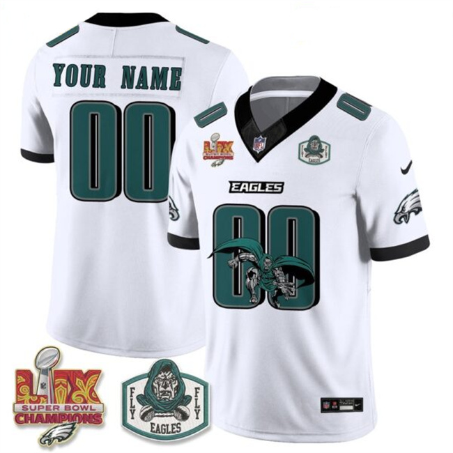 Men's Philadelphia Eagles x Green Cape Villain Active Player Custom White F.U.S.E. 2025 Super Bowl LIX Champions Patch Edition Stitched Football Jersey
